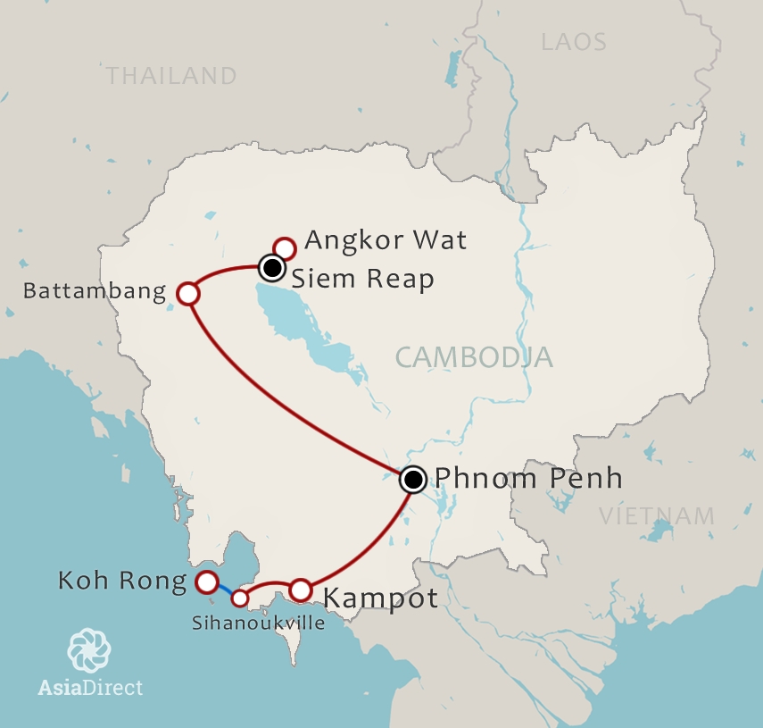 Routekaart 17 daagse rondreis Cambodja compleet