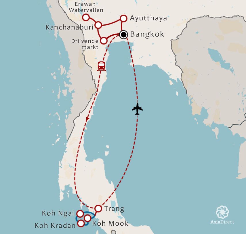 Routekaart 17 daagse rondreis hartstochtelijk Thailand