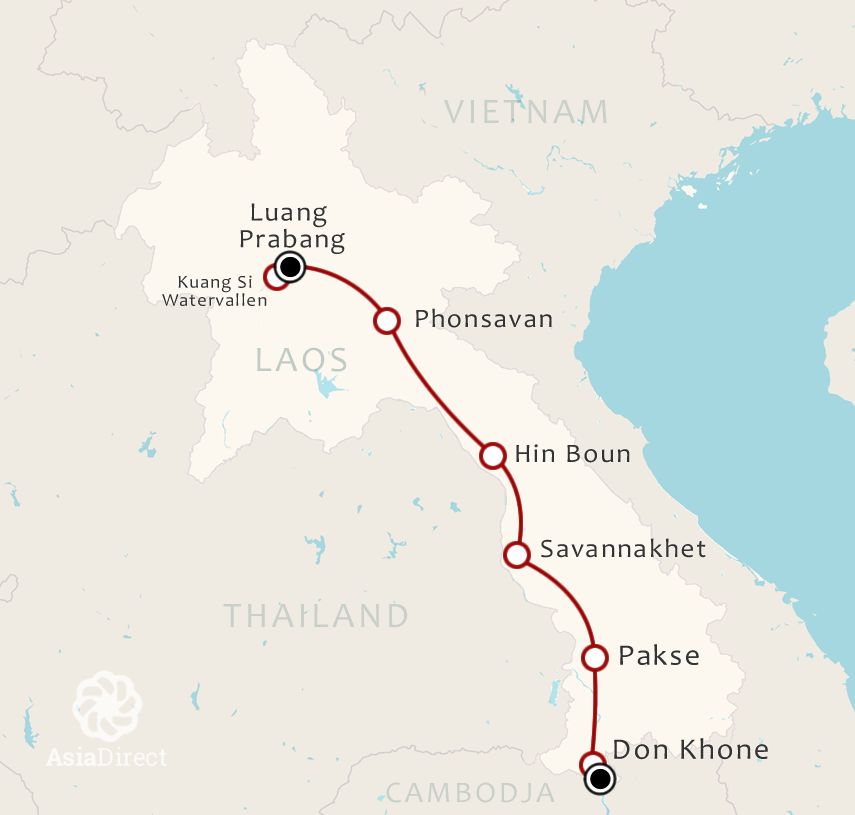 Routekaart 13 Daagse rondreis Best of Laos