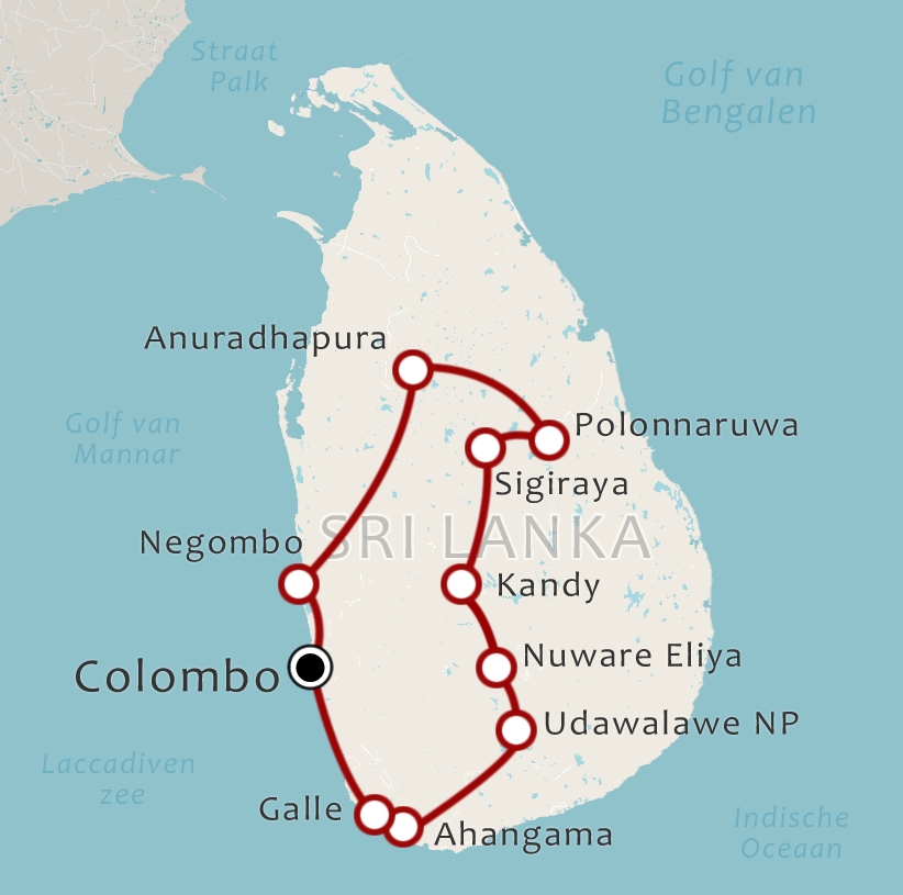 Routekaart 16 Daagse rondreis Sri Lanka