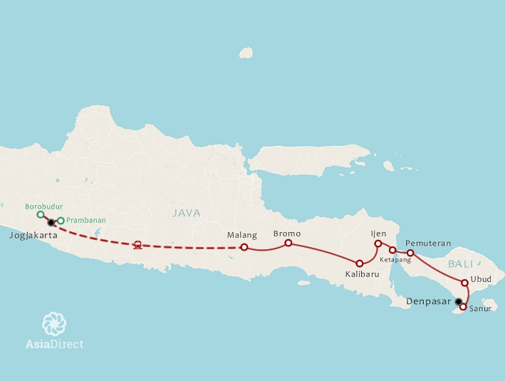 Routekaart 17 Daagse rondreis Java en Bali