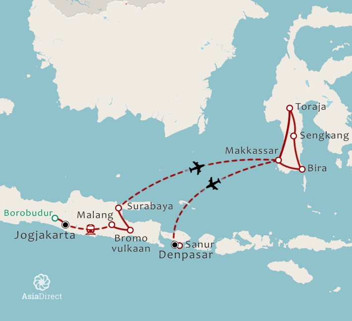 Routekaart 19 Daagse rondreis Java Sulawesi en Bali