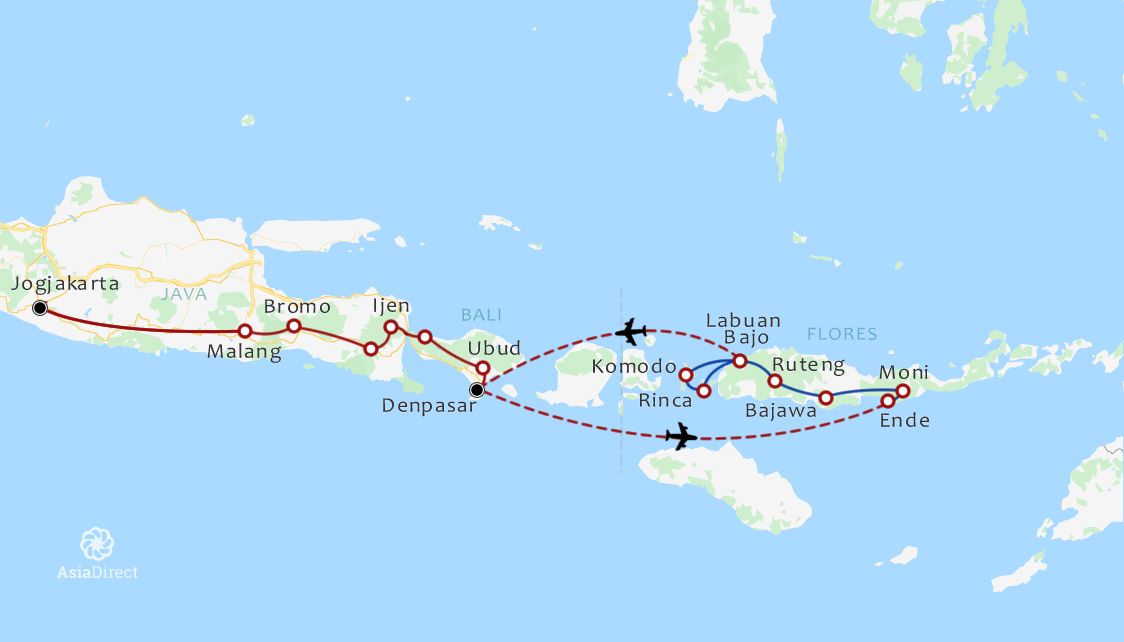Routekaart 22 Daagse rondreis Java Bali Flores en Komodo