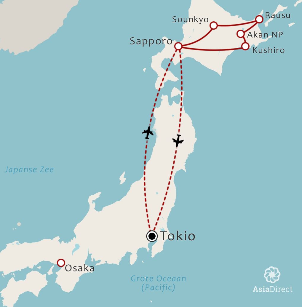 Routekaart 9 daagse rondreis Hokkaido