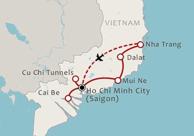 Routekaart 10-daagse rondreis Zuid Vietnam