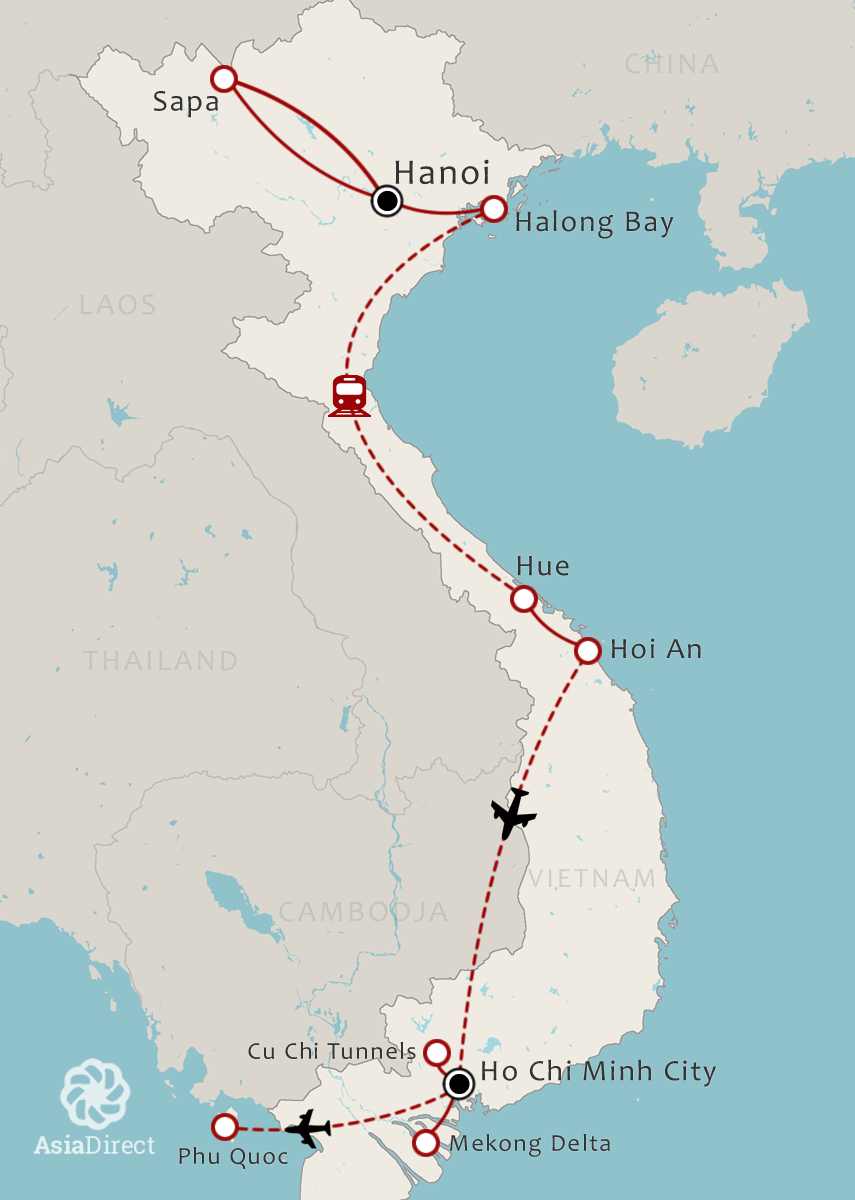 Routekaart 20-daagse rondreis Geuren en Kleuren van Vietnam