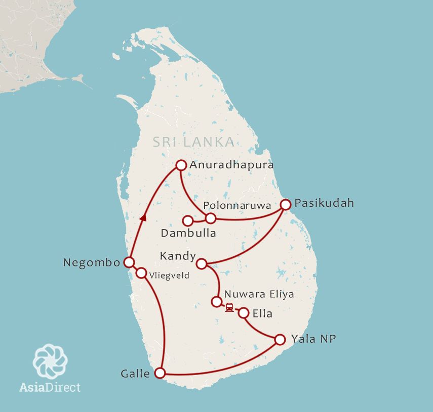 Routekaart 16-daagse Hotdeal Sri Lanka Highlights en Beach Oost